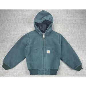 Vintage Carhartt Jacket Kids Small Hunter Green Hooded Quilted Canvas Y06 HTG
